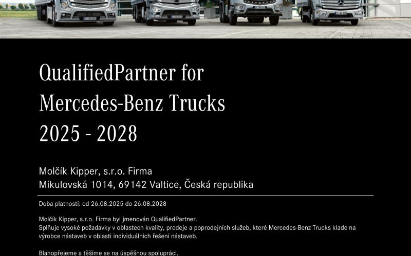 Společnost Mercedes-Benz nám udělila statut kvalifikovaného partnera pro nákladní vozidla